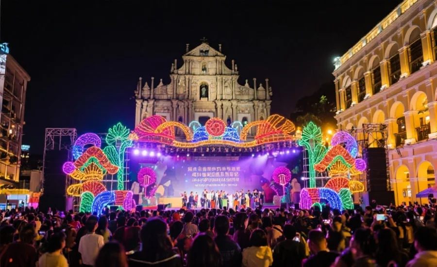 澳门夜景与灯光辉映的官方活动现场，彩灯装饰、群众参与盛况