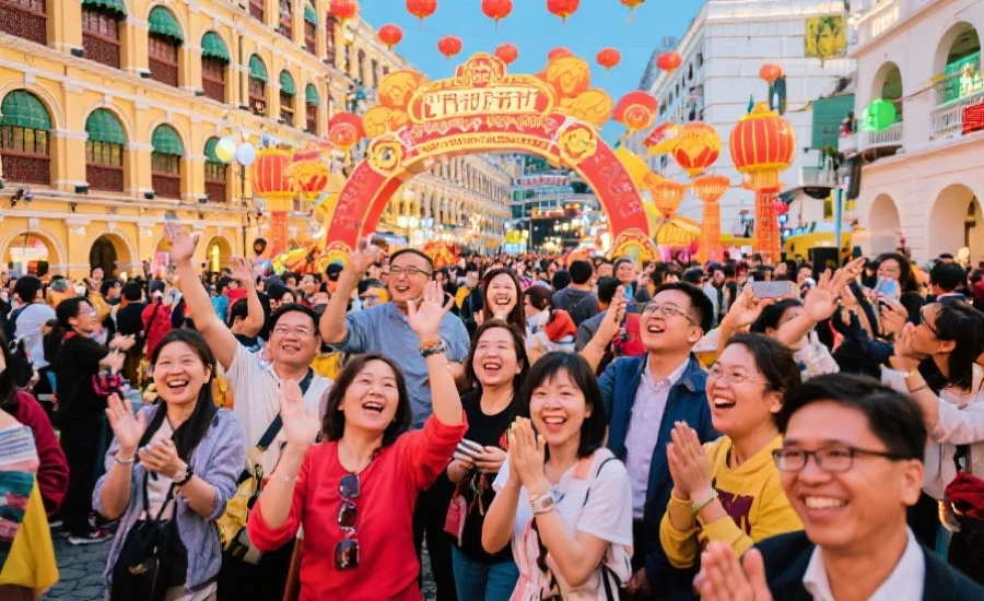 一群人愉快地参加澳门节庆活动，充满喜庆和活力的场景