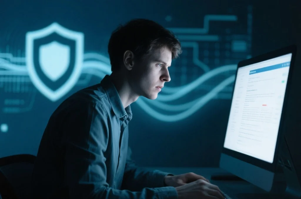 用户警惕地进行在线操作，背景有网络安全元素